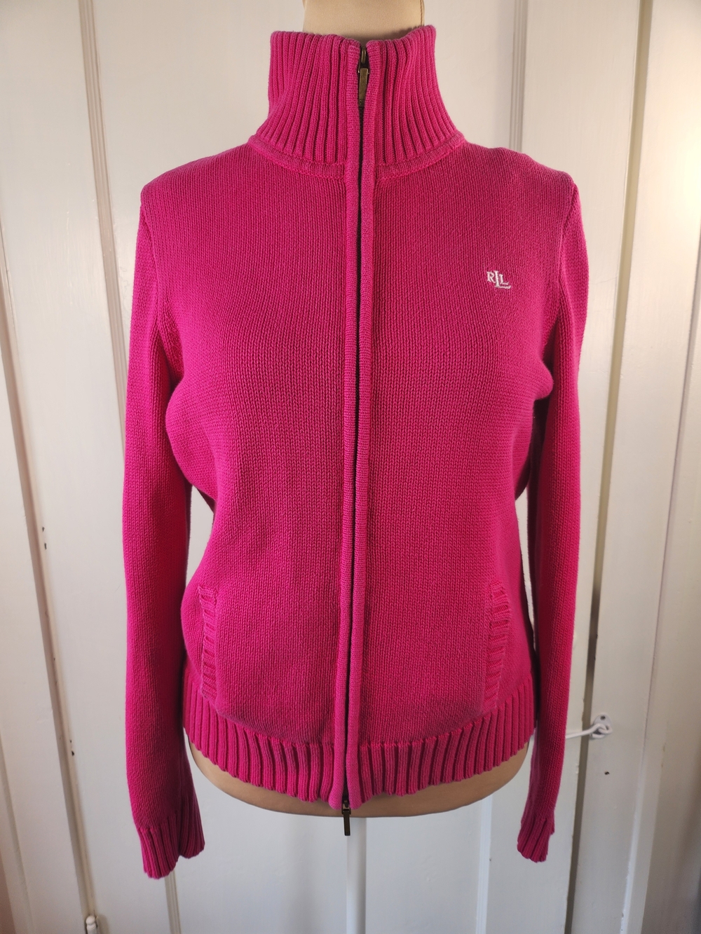 Lauren Ralph Lauren Large Hot Pink Full-Zip Sweater Cardigan - Picture 2 of 7